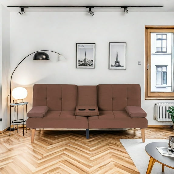 Modern Velvet Upholstered Futon Sofa Bed for Living Room,65" Convertible Folding Sleeper Sofa Couch with Cupholders and Pillows,Brown