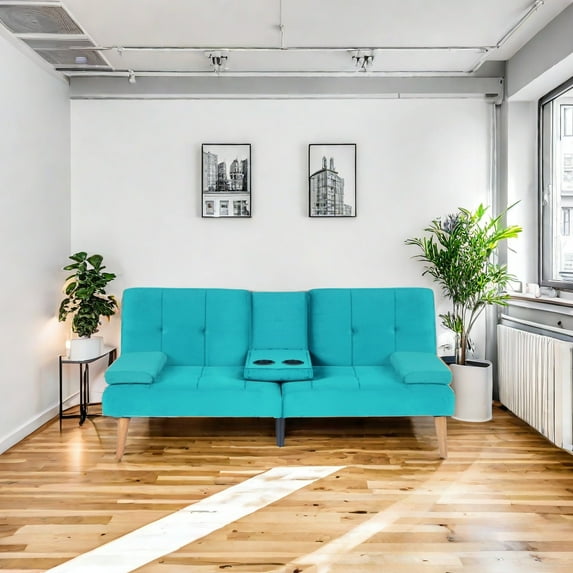 Modern Velvet Upholstered Futon Sofa Bed for Living Room,65" Convertible Folding Sleeper Sofa Couch with Cupholders and Pillows,Turquoise