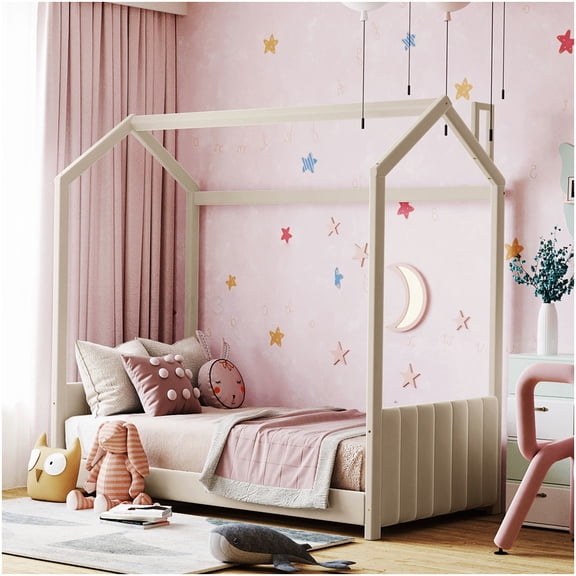 Modern Velvet Upholstered House Bed with Roof, Twin Size Platform Frame in Beige, Cozy Sanctuary Design