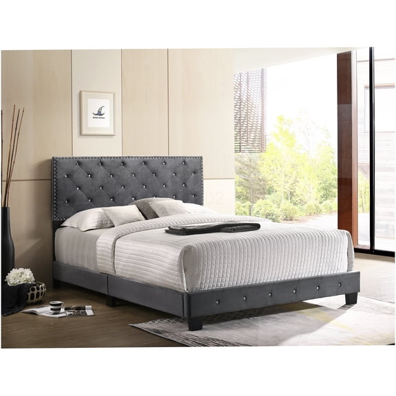 Modern Velvet Upholstered King Bed Frame with Foam Padding, Low Profile Platform Bed Base, No Box Spring Needed, Supportive Sturdy Structure, Gray