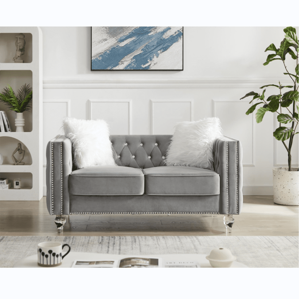 Modern Velvet Upholstered Loveseat Sofa with 2 Plush Pillows, Leisure 2-Seater Couch with Crystal Feet and Buckle, Lounge Sofa for Living Room, Bedroom, Office, Apartment, Gray