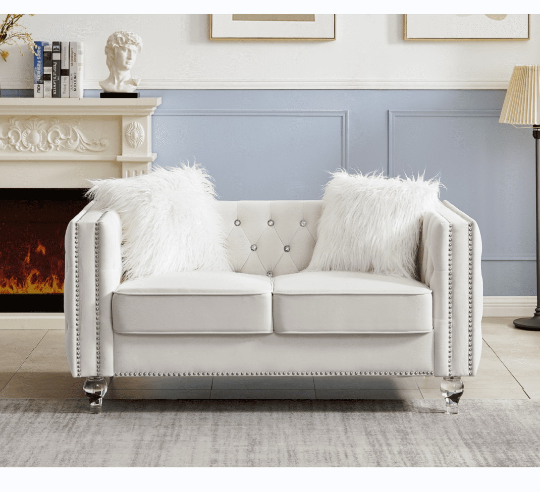 Modern Velvet Upholstered Loveseat Sofa with 2 Plush Pillows, Leisure 2-Seater Couch with Crystal Feet and Buckle, Lounge Sofa for Living Room, Bedroom, Office, Apartment, Beige