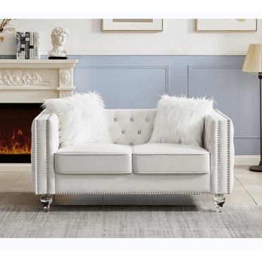 Modern Velvet Upholstered Loveseat Sofa with 2 Plush Pillows, Leisure 2-Seater Couch with Crystal Feet and Buckle, Lounge Sofa for Living Room, Bedroom, Office, Apartment, Beige