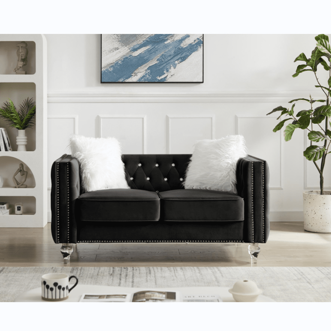 Modern Velvet Upholstered Loveseat Sofa with 2 Plush Pillows, Leisure 2-Seater Couch with Crystal Feet and Buckle, Lounge Sofa for Living Room, Bedroom, Office, Apartment, Black