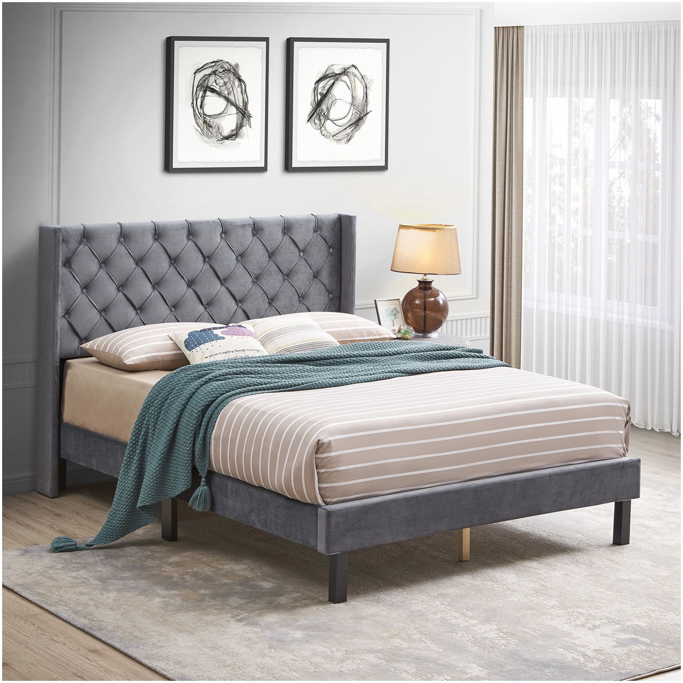Modern Velvet Upholstered Queen Bed Frame with Wingback Headboard, Charcoal Gray, No Box Spring Needed