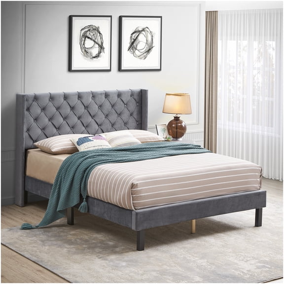 Modern Velvet Upholstered Queen Bed Frame with Wingback Headboard, Charcoal Gray, No Box Spring Needed