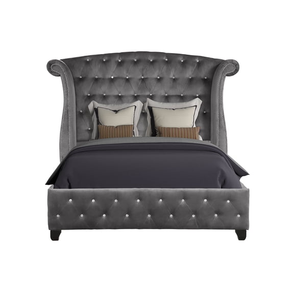 Modern Velvet Upholstered Queen Bed with Crystal Button Tufted Headboard, Gray Wood Platform Bed Frame, No Box Spring Needed