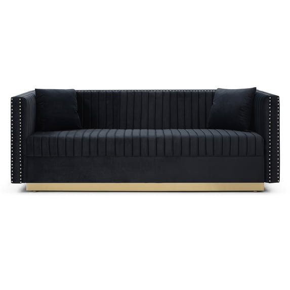 Modern Velvet Upholstered Sofa, 3 Seater Tufted Couch with 2 Pillows and Nailhead Trims for Living Room Apartment Office