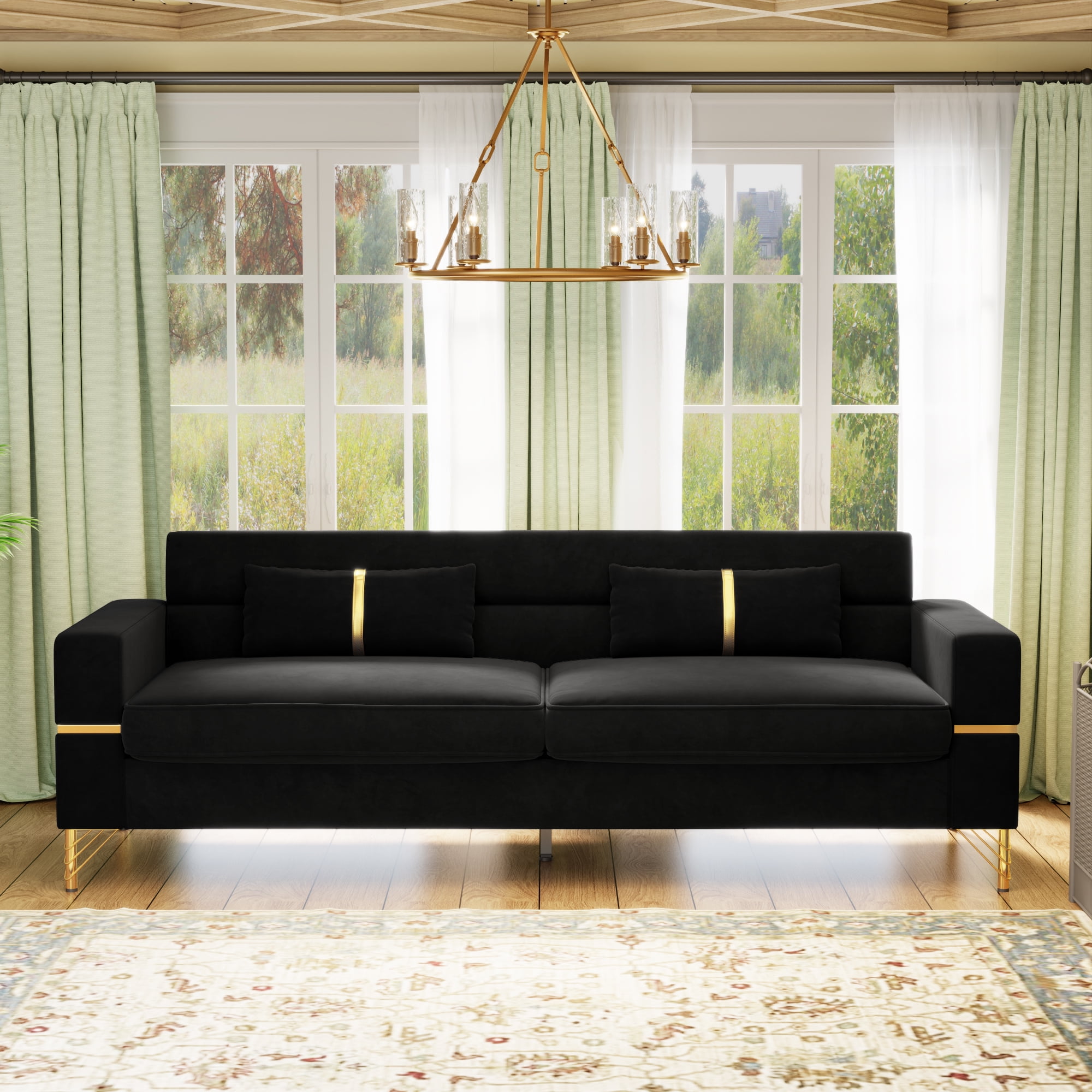 Modern Velvet Upholstered Sofa with Gold Metal Legs, Removable Cushions