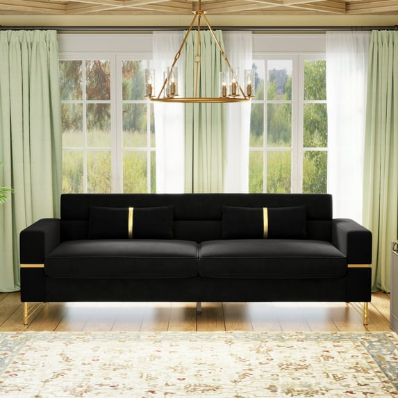 Modern Velvet Upholstered Sofa Couch with Gold Metal Legs Removable Cushions Square Arms for Living Room Office Bedroom