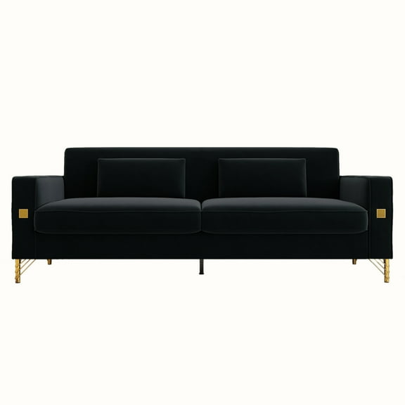 Modern Velvet Upholstered Sofa Couch with Pillows Removable Cushions and Gold Metal Legs for Living Room Office Apartment