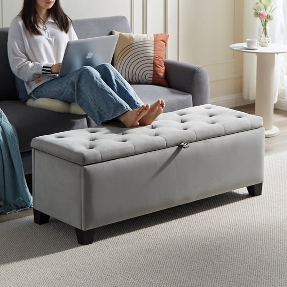 Modern Velvet Upholstered Storage Ottoman, Button Tufted Bench Seat for Living Room Entryway Bedroom