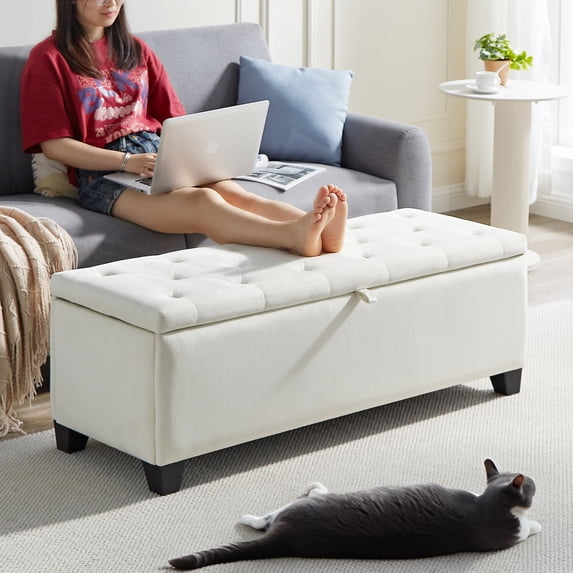 Modern Velvet Upholstered Storage Ottoman, Button Tufted Bench Seat for Living Room Entryway Bedroom