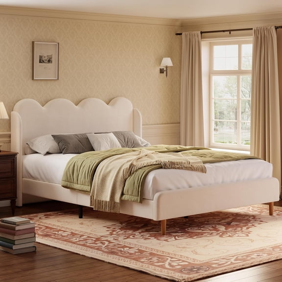 Modern Velvet Upholstered Wingback Platform Bed Frame with Scalloped Edges, Tall Tufted Headboard, Hardwood Slats, Tool-Free Assembly, No Box Spring Needed,Full,White