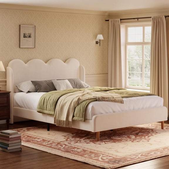 Modern Velvet Upholstered Wingback Platform Bed Frame with Scalloped Edges, Tall Tufted Headboard, Hardwood Slats, Tool-Free Assembly, No Box Spring Needed,Queen,White
