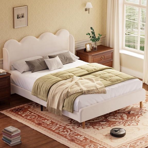 Modern Velvet Upholstered Wingback Platform Bed Frame with Scalloped Edges, Tall Tufted Headboard, Hardwood Slats, Tool-Free Assembly, No Box Spring Needed,Twin,White
