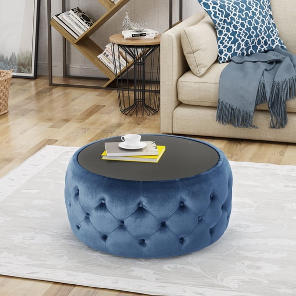 Modern Velvet With Button Tufting, Dark Blue Tone, Tempered Glass, 29.39" W X D 14.4" H , Featuring Button- Stitch And Glass Surface,