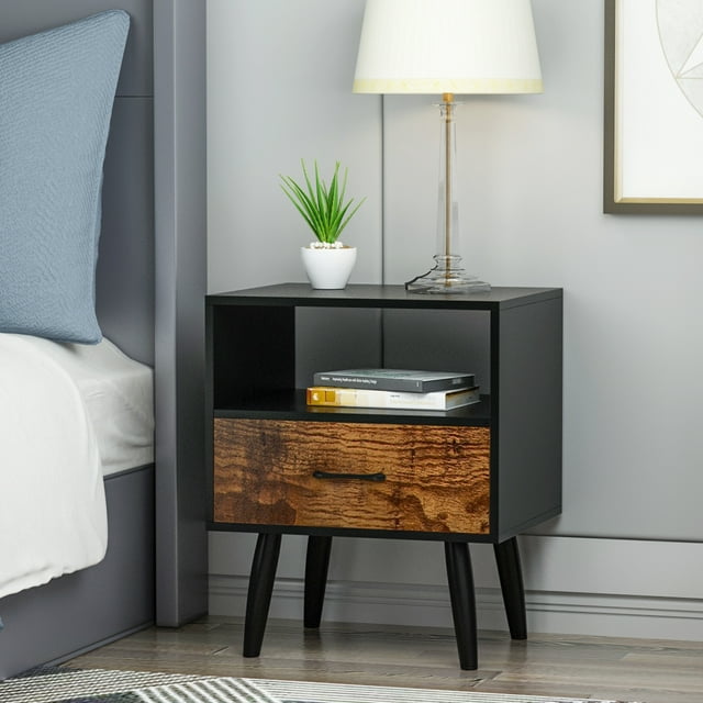 Modern Versatile Nightstands, Side End Table Night Stand with Bin Drawer and Storage Shelf, for Living Room Bedroom, Brown+Black