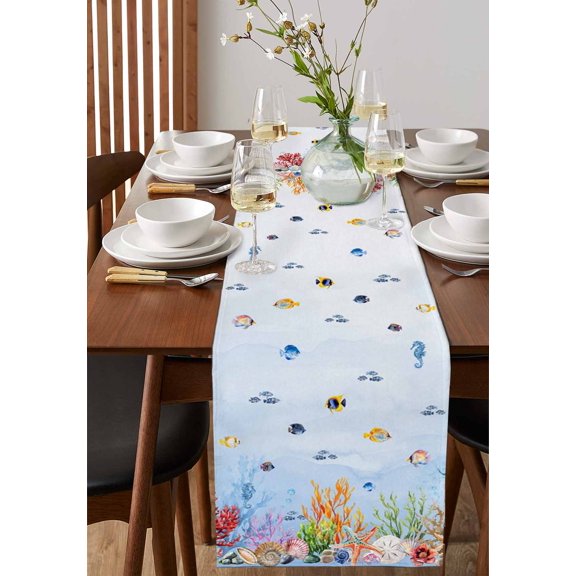 Modern Vertical Stripes Table Runner 13x90in Non-Slip Cotton Linen Table Runners, Navy Blue Grey White Dresser Scarves TableRunner for Dinner Kitchen Dining Wedding Party