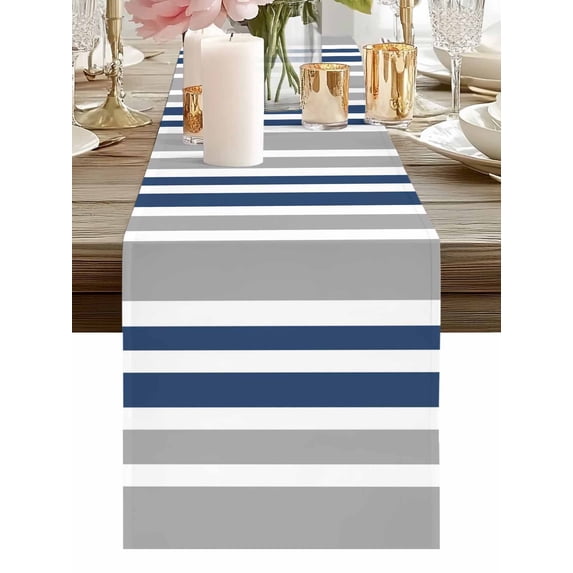 Modern Vertical Stripes Table Runner-36 Inch Long Navy Blue Grey White Table Runners Linen Burlap Tablerunner for Kitchen Dining Room Holiday Party