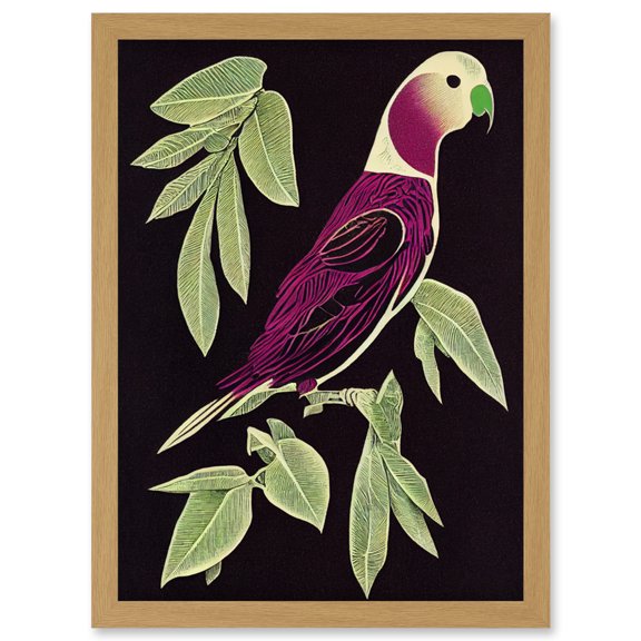 Modern Vibrant Magenta Purple Parrot On Tree Branch Linocut Illustration Black Plum Artwork Framed Wall Art Print A4
