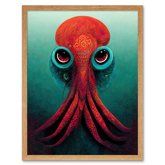 Modern Vibrant Red & Teal Octopus Art Print Framed Poster Wall Decor 12x16 inch