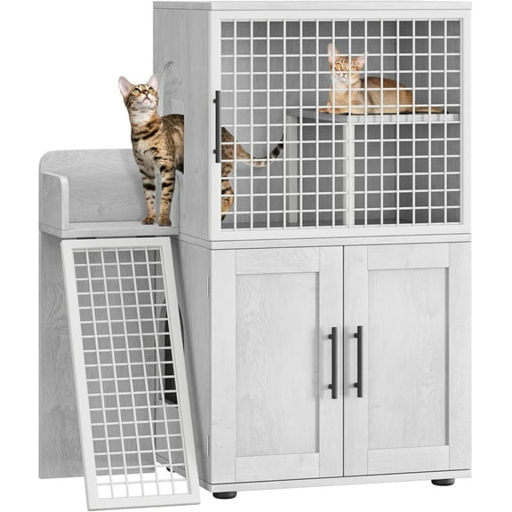 Modern Villa Cat Litter Box Enclosure with Platform: Double-Layer Hidden Cat Washroom Furniture Indoor with Ladder for Cats