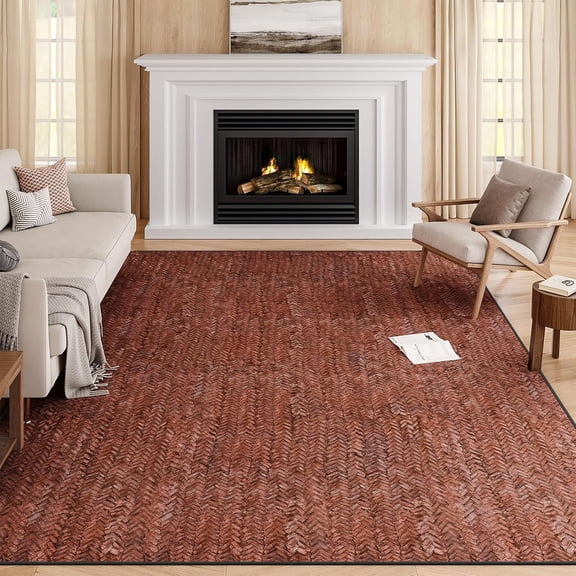 Modern Vintage 5x7 Herringbone Chevron Area Rug for Living Room, Wine & Red, Non-Slip Stain Resistant Washable Rug, Farmhouse Home Decor Carpet for Bedroom, Kitchen, Dining Room