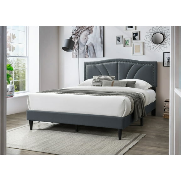 Modern Vintage Look 1pc Queen Size Bed Charcoal Burlap Fabric Nailhead Trim Accents Headboard Bedframe