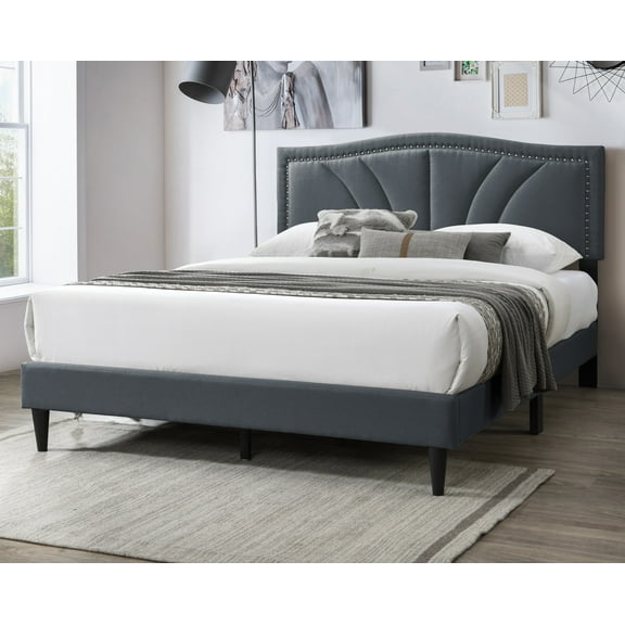 Modern Vintage Look 1pc Queen Size Bed Charcoal Burlap Fabric Nailhead Trim Accents Headboard Bedframe