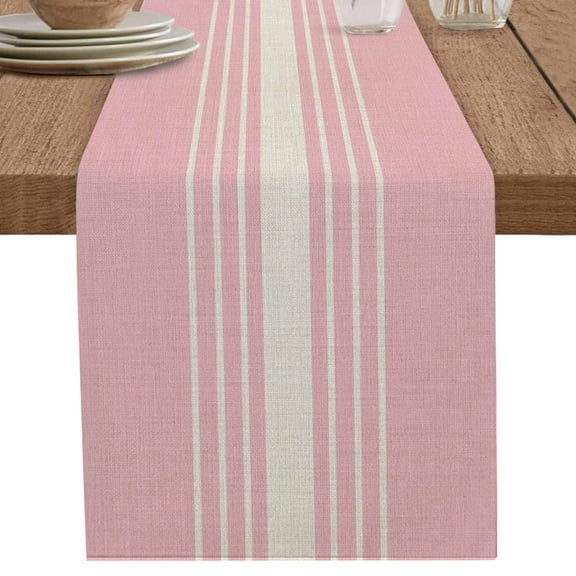 Modern Vintage Stripe on Linen Table Runner-70 Inch Long Pink Background Table Runners Linen Burlap Tablerunner for Kitchen Dining Room Holiday Party