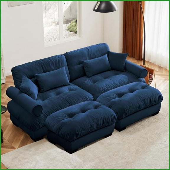 Modern Vintage Velvet 2-Seater Sofa with Ottoman - Round Bolster Armrests for Living Room & Reading Room