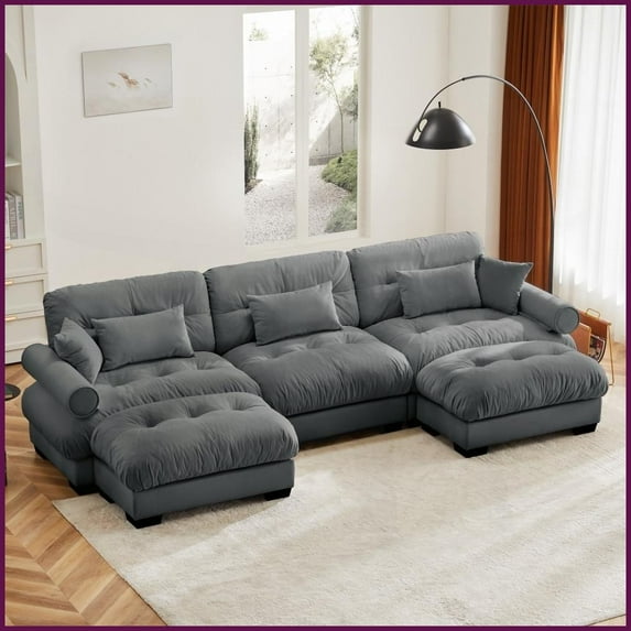 Modern Vintage Velvet 3-Seat U-Shape Modular Sectional Sofa with 2 Ottomans - Convertible L-Shaped Couch for Living Room, Grey