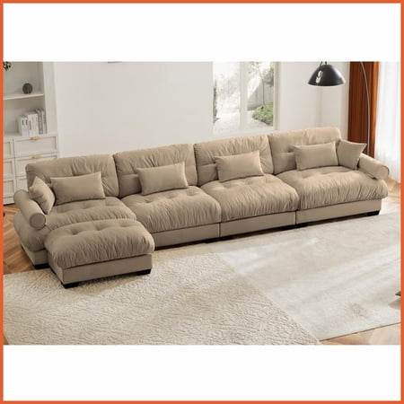 Modern Vintage Velvet L-Shaped Sectional Sofa, 4-Seater Convertible Cloud Couch with Bolstered Armrests for Living Room, Camel