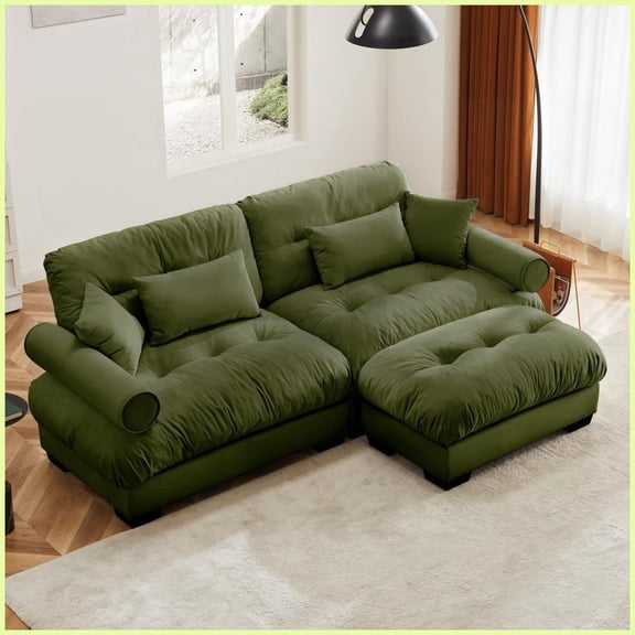 Modern Vintage Velvet Two-Seater Sofa with Ottoman - Round Bolster Armrests, Plush Comfort for Living Room/Reading Room, Olive Green