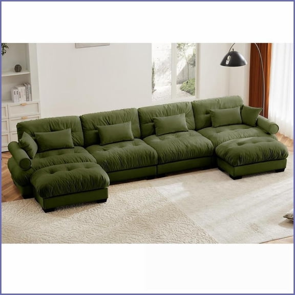Modern Vintage Velvet U-Shaped Sectional Sofa - 4-Seater Cloud Couch with Movable Ottomans for Living Room, Olive Green
