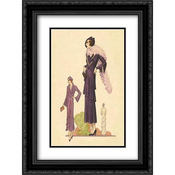 Modern Violet Dress with Boa 2x Matted 18x24 Black Ornate Framed Art Print by Vintage Fashion