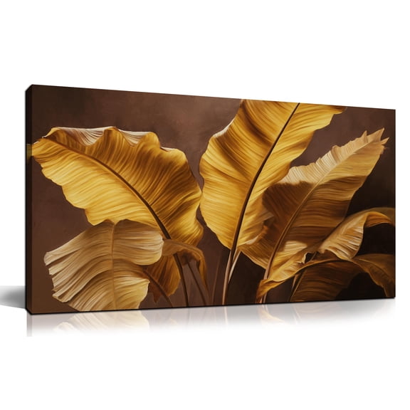 Golden Banana Leaf Canvas Wall Art, Vintage Brown Background Botanical Print Decor, 40x20 Inches Tropical Plant Picture for Living Room Bedroom Farmhouse Home Decoration