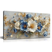 Blue White Gold Floral Canvas Wall Art, Luxury Abstract Flower Bouquet Painting, 40x20 Inches Modern Elegant Botanical Wall Decor for Living Room Bedroom Home