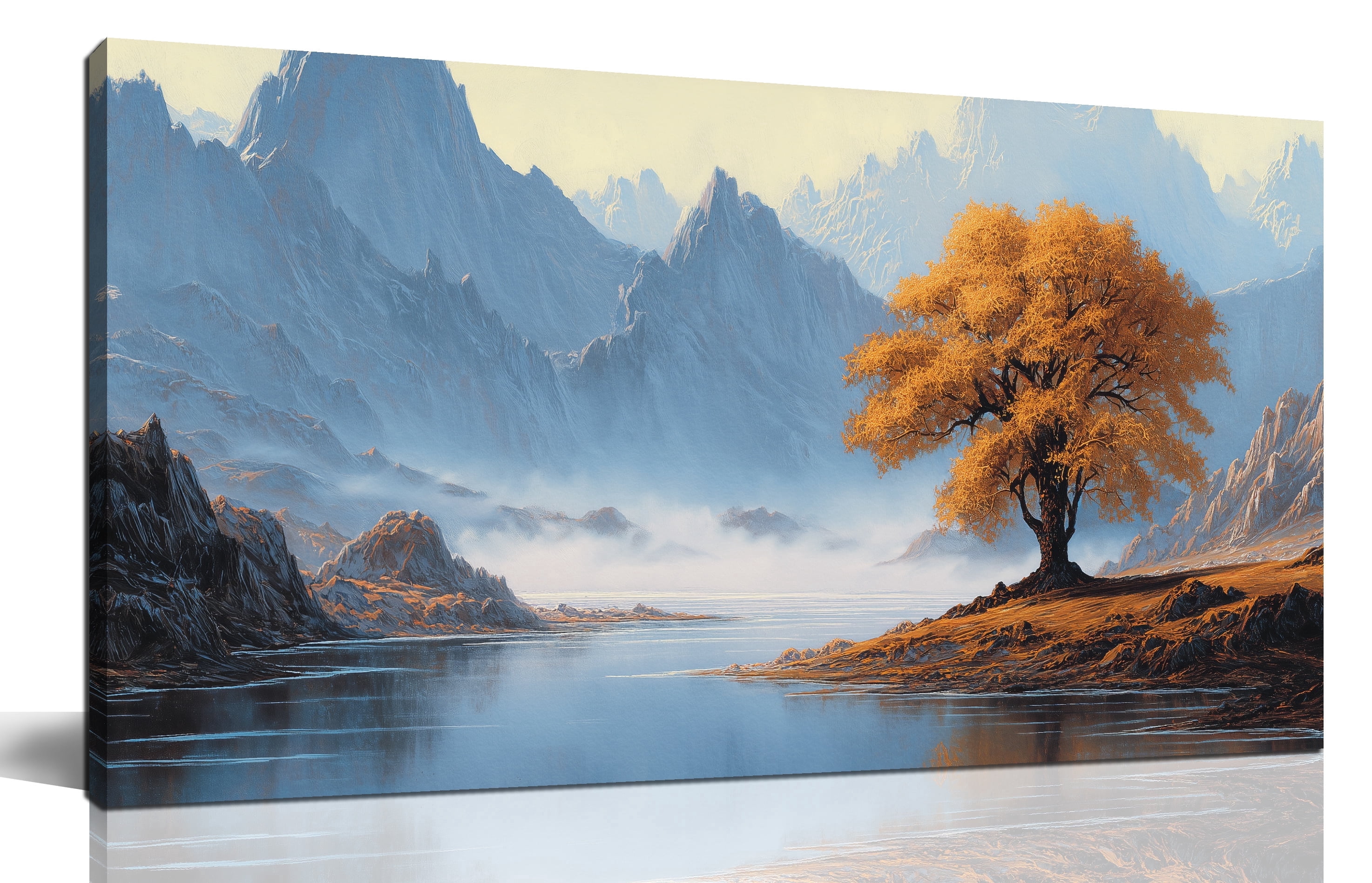 Serene Landscape River Rocks Canvas Painting， Suitable for Living