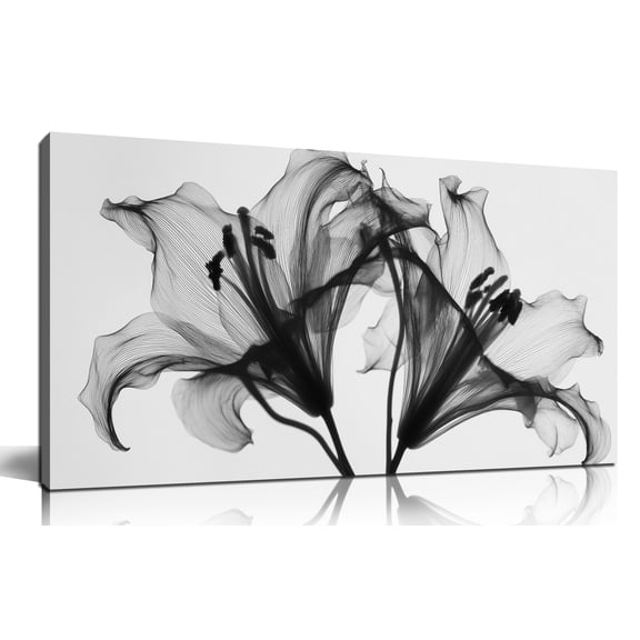 Black White Transparent Vein Lily Flower Canvas Wall Art, Minimalist Sheer Floral Print, 40x20 Inches Botanical Wall Decor for Living Room Bedroom