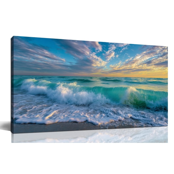 Sunset Ocean Waves Beach Landscape Canvas Wall Art, Teal Sea with Colorful Sky Seaside Scenery Painting, 40x20 Inch Coastal Wall Decor Picture for Living Room Bedroom Home Office