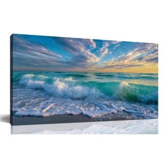 Sunset Ocean Waves Beach Landscape Canvas Wall Art, Teal Sea with Colorful Sky Seaside Scenery Painting, 40x20 Inch Coastal Wall Decor Picture for Living Room Bedroom Home Office