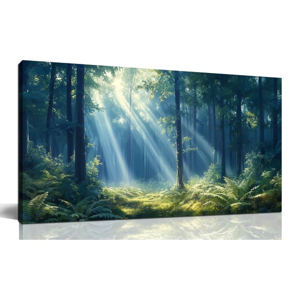 Misty Forest Canvas Wall Art Print, Sunlight Through Tall Pine Trees Green Woodland Landscape Painting, 40x20 Inch Modern Nature Scenery Wall Decor Picture for Living Room Bedroom Home Office