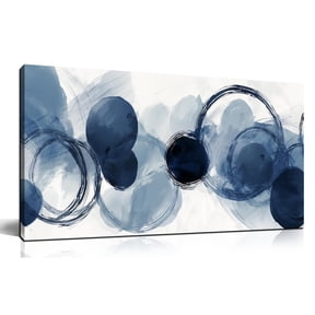 40x20 Inches Blue Watercolor Circle Abstract Canvas Wall Art, Modern Indigo Circular Print Wall Decor, Minimalist Picture for Living Room Bedroom Office Home Decoration