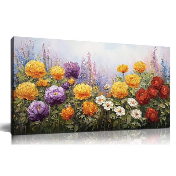 Colorful Wildflower Floral Wall Art, Purple Yellow Red Poppy Daisy Flower Field Landscape Canvas Print, 40x20 Inches Botanical Nature Artwork for Living Room Bedroom Home Decor