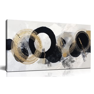 Black White Gold Foil Circle Canvas Wall Art, Abstract Circular Brushstroke Print Wall Decor, 40x20 Inches Minimalist Picture for Living Room Bedroom Office Home Decoration