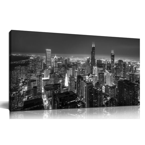 Black and White Chicago City Skyline Canvas Wall Art, Modern Urban Skyscraper Cityscape Painting, 40x20 Inch Contemporary City View Wall Decor Picture for Living Room Bedroom Home Office