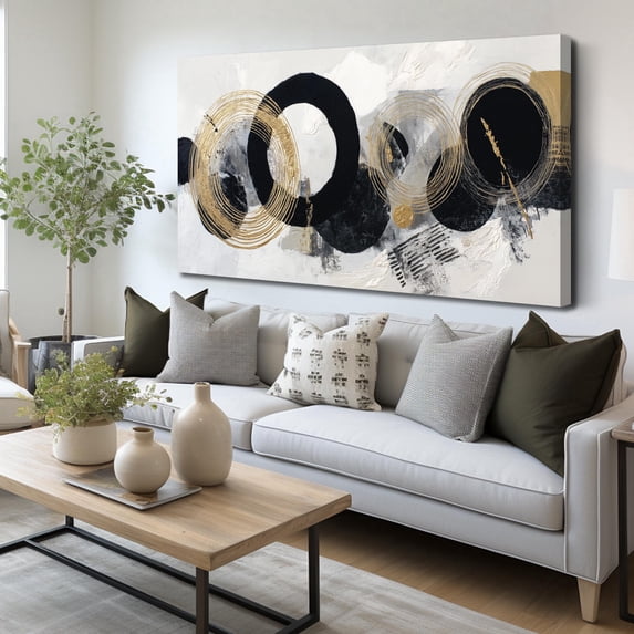 Black White Gold Foil Circle Canvas Wall Art, Abstract Circular Brushstroke Print Wall Decor, 48x24 Inches Minimalist Picture for Living Room Bedroom Office Home Decoration