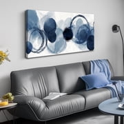48x24 Inches Blue Watercolor Circle Abstract Canvas Wall Art, Modern Indigo Circular Print Wall Decor, Minimalist Picture for Living Room Bedroom Office Home De